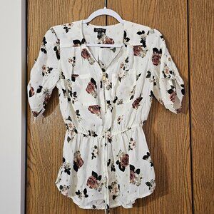 Zippered Front White W/Floral Rose 3/4 Sleeve Blouse